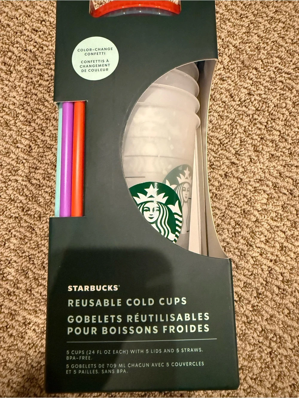 Starbucks White Cups with Green Logo and Red Straws